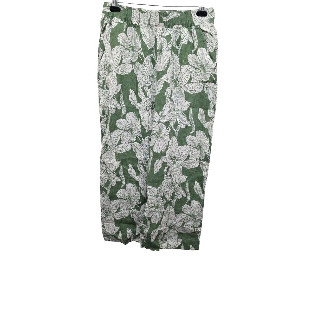 Tahari Women's L Green & White Floral Print 100% Linen Pants Vacation Beach Boho